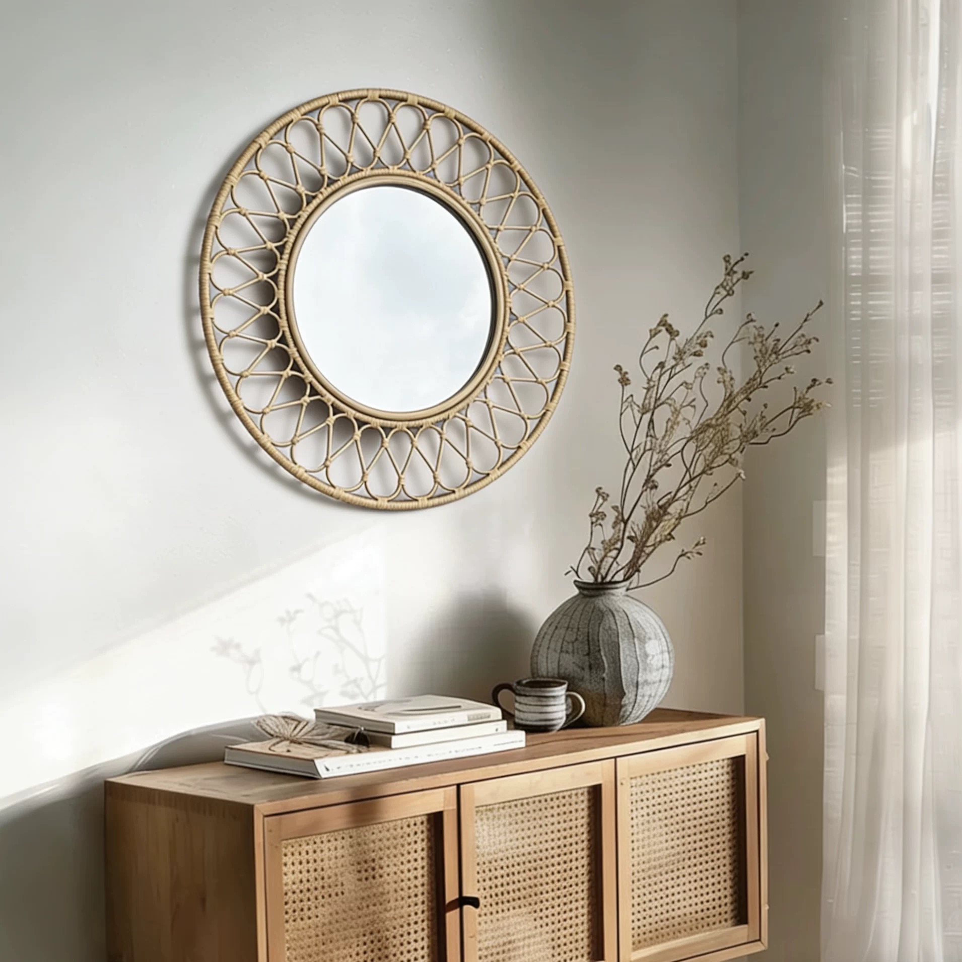 Round Rattan Wall Mirror, Natu - Rattan Mirror Round 리뷰 및 가격